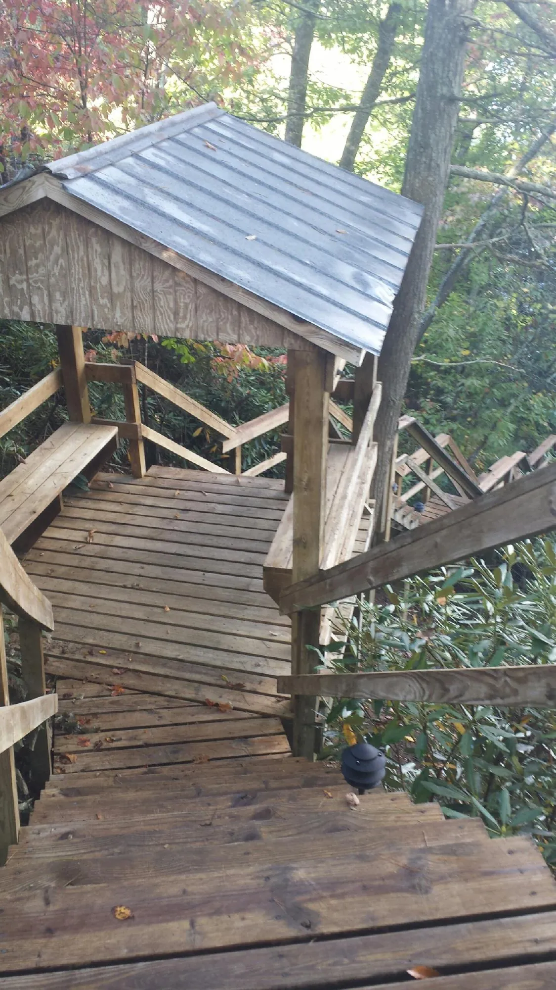 Metal roofed shelter over wooden steps on a wooded walkway — Skylight Repair & Installation work by our crew in Winnie